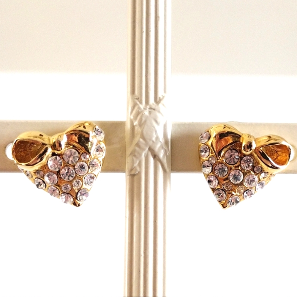 Bow Crystal Heart Gold-Tone Earrings